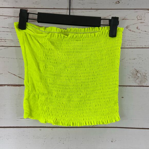 Windsor S/M Bright Neon Yellow Smocked Ruffle Trim Strapless Cropped Tube Top - Picture 3 of 6